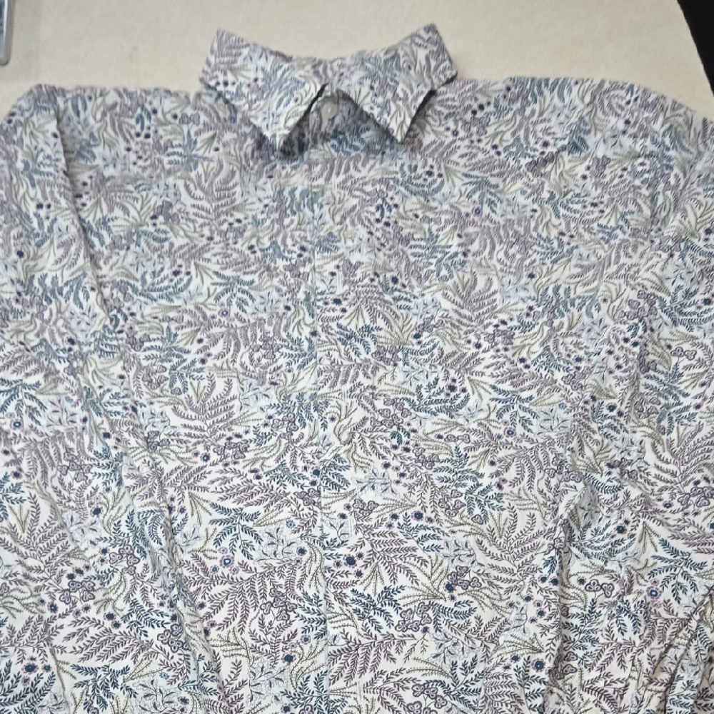 Express Blue and Gray Casual Button Down Shirt with Floral Design